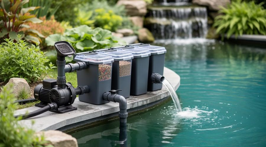 Wide photo of a pond filtration system showing pump, multi-chamber filter housing, and return pipe feeding clean water back into a koi pond.