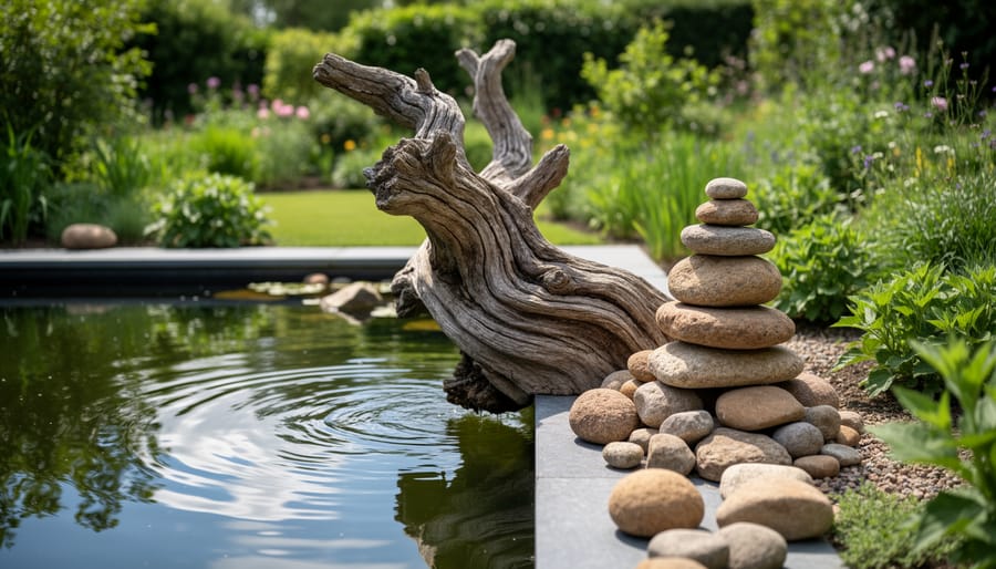 Driftwood sculpture and stacked stone cairn beside a pond with visible shadows and depth