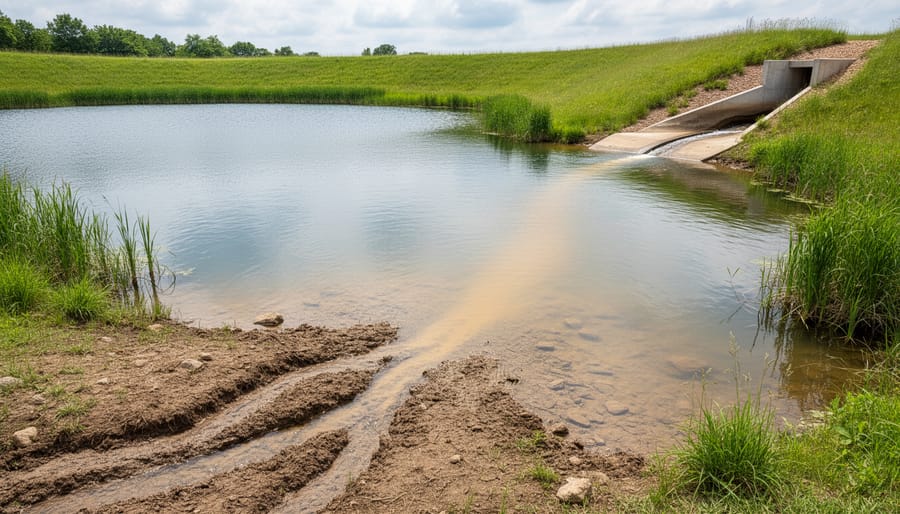 Water-filled pond with runoff entering near the shoreline and an overflow area, photographed at golden hour.