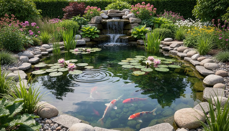 Wide view of an artfully designed pond landscape with plants, stones, and reflections