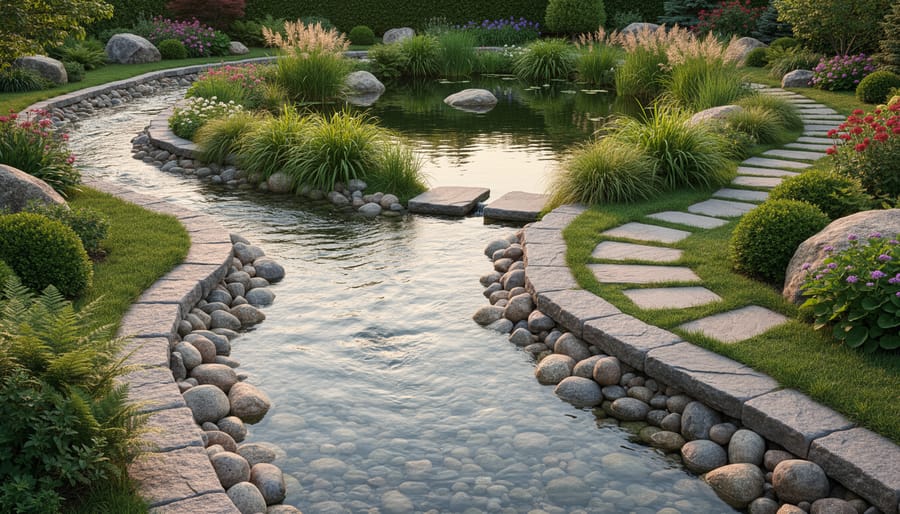 Meandering stream and curved stone edging leading into a pond with stepping stones