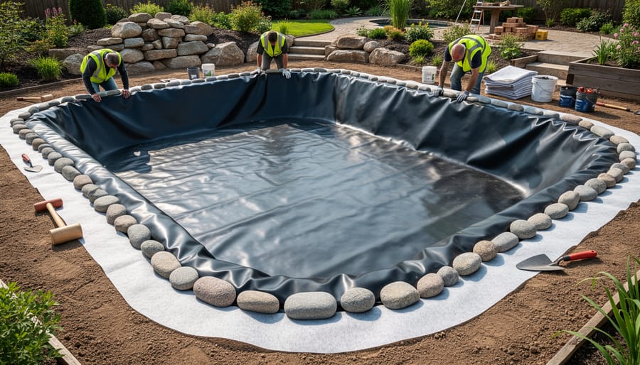 Pond liner protection fabric and concrete work materials arranged in a prepared spillway excavation area.