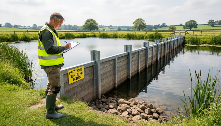 Person inspecting a backyard pond’s protective rock cave and nearby fence line during routine maintenance.