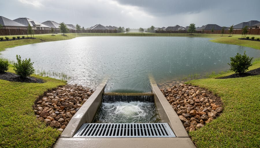 Backyard pond with visible rain and water flowing over rocks during a storm