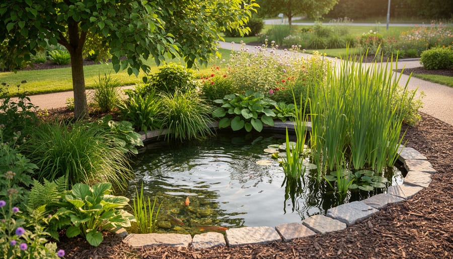 Person kneeling beside a backyard pond adding floating plants and creating shade