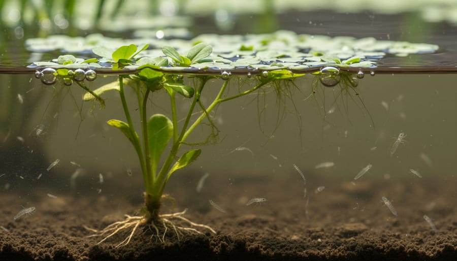 Macro view of submerged hornwort and floating leaves in a pond with subtle water ripples