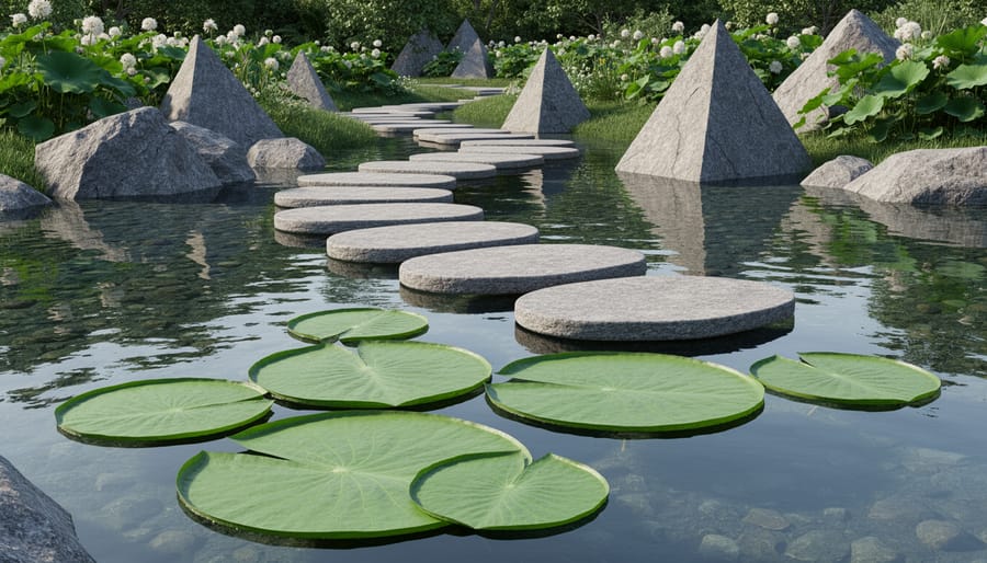 Overhead view of pond with circular lily pads and oval stepping stones