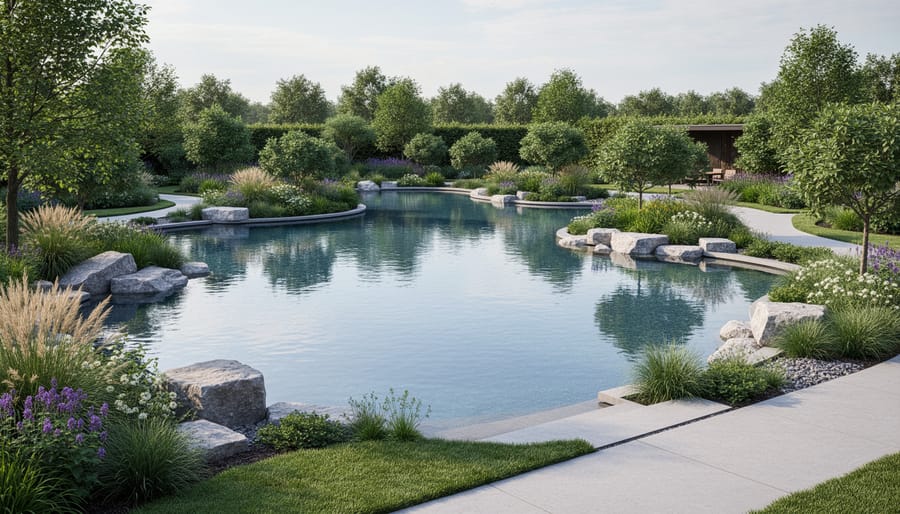 Wide view of pond showing open water space with surrounding planted and rocky areas