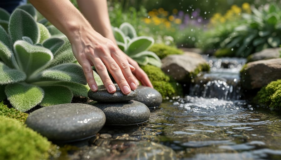 Close-up of textured pond edge with smooth stones and fuzzy plants over rippling water