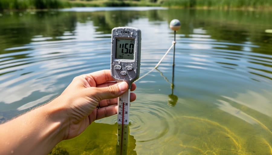 Hands placing a waterproof pond thermometer into the water to measure temperature at depth