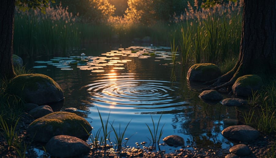 Dusk-lit pond with dark water depth and bright highlights from an underwater light