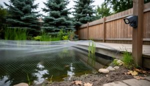 Backyard pond protected with mesh netting and a motion-activated light near coniferous trees to deter forest carnivores.