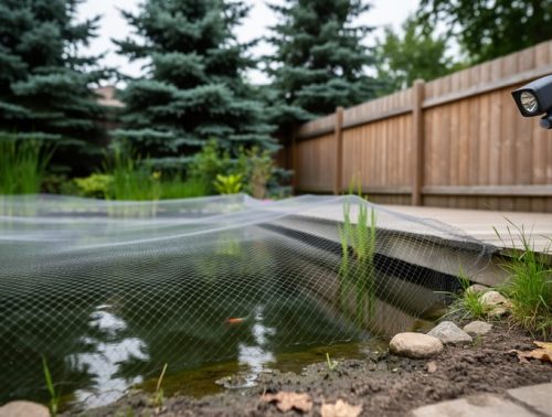 Backyard pond protected with mesh netting and a motion-activated light near coniferous trees to deter forest carnivores.