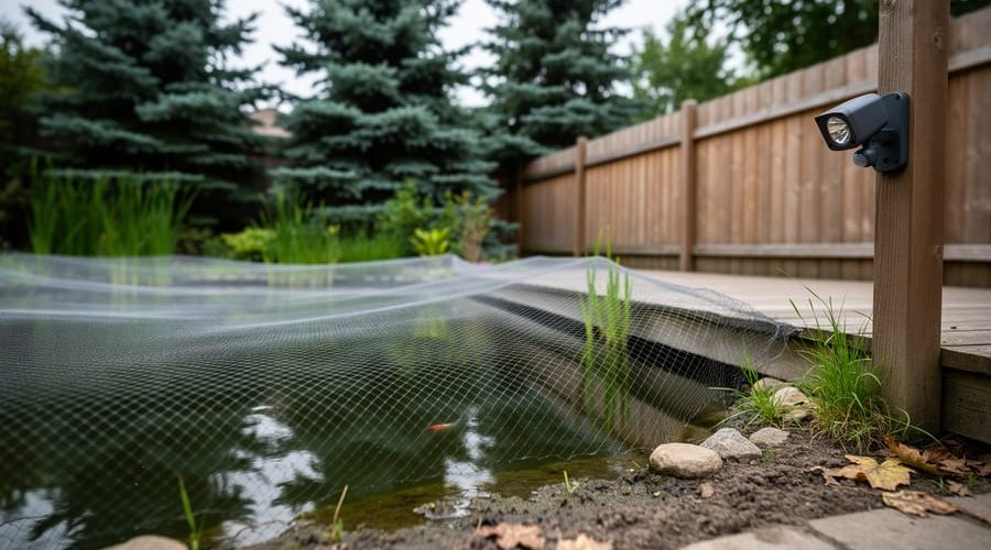 Backyard pond protected with mesh netting and a motion-activated light near coniferous trees to deter forest carnivores.