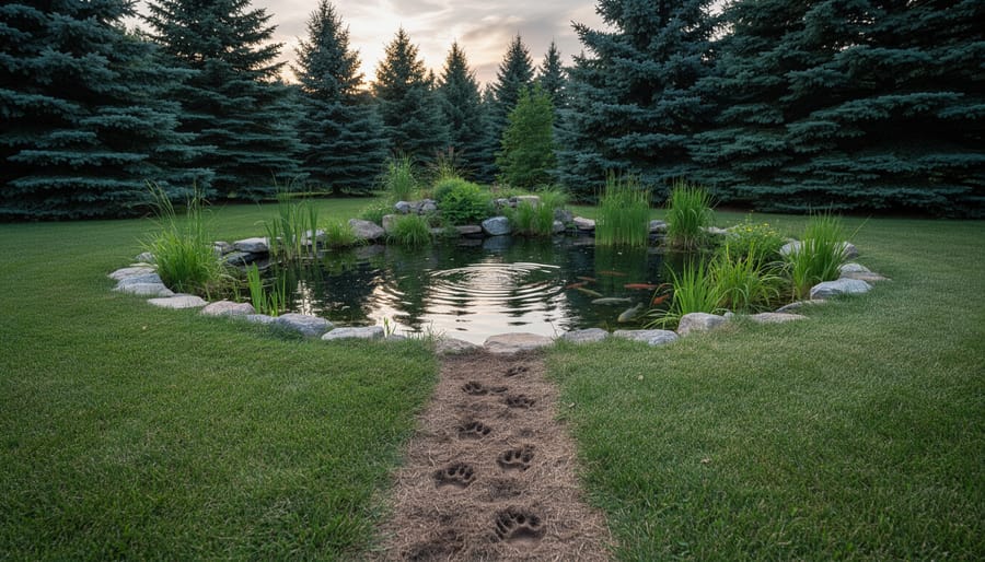 Raccoon pawprints in damp soil leading toward a backyard pond at dusk near coniferous trees.