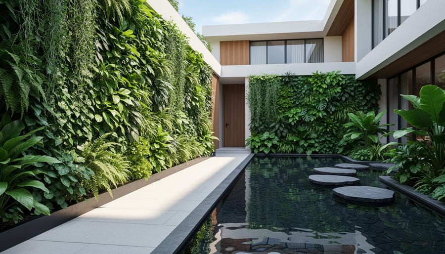 Residential green wall with cascading plants mounted beside a koi pond