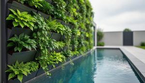 Residential green wall with modular plant panels beside a water garden pond, showing lush greenery and soft daylight on the leaves.