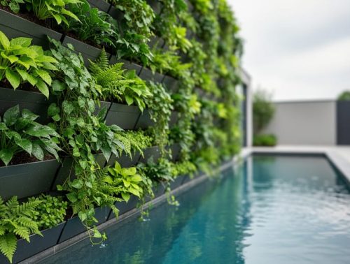 Residential green wall with modular plant panels beside a water garden pond, showing lush greenery and soft daylight on the leaves.