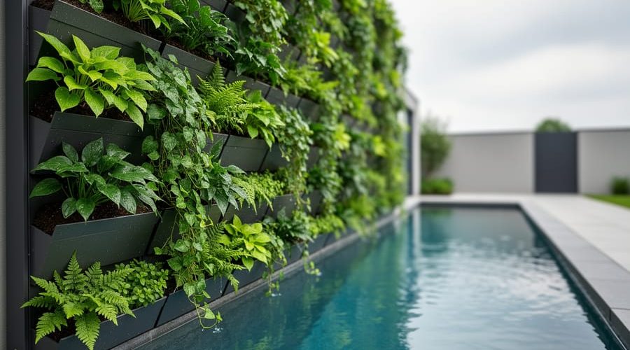 Residential green wall with modular plant panels beside a water garden pond, showing lush greenery and soft daylight on the leaves.