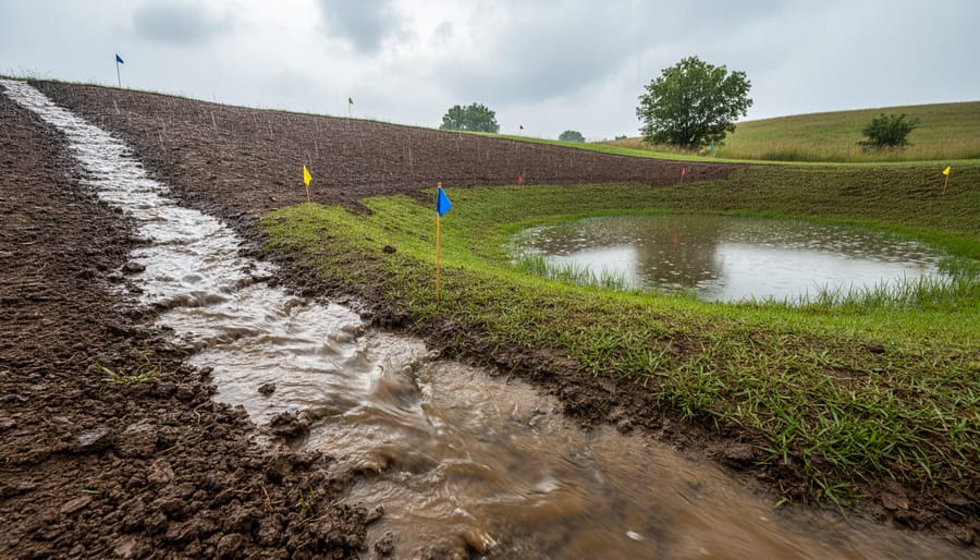 Rainwater flowing across wet soil toward a runoff channel on a sloped yard.