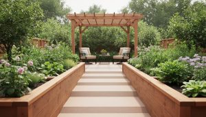 Accessible backyard with wide slip-resistant paths, raised garden beds, and shaded outdoor seating under a pergola.
