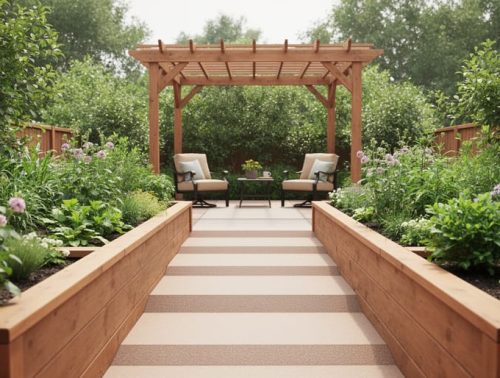 Accessible backyard with wide slip-resistant paths, raised garden beds, and shaded outdoor seating under a pergola.