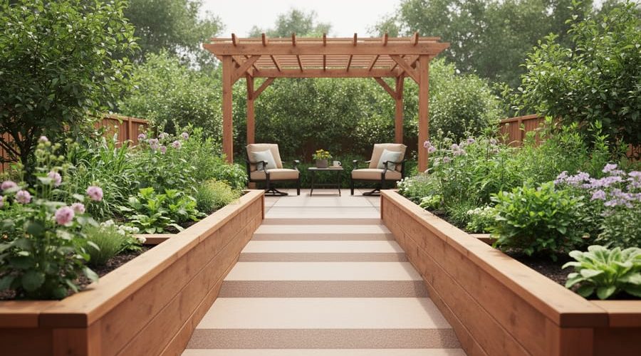 Accessible backyard with wide slip-resistant paths, raised garden beds, and shaded outdoor seating under a pergola.