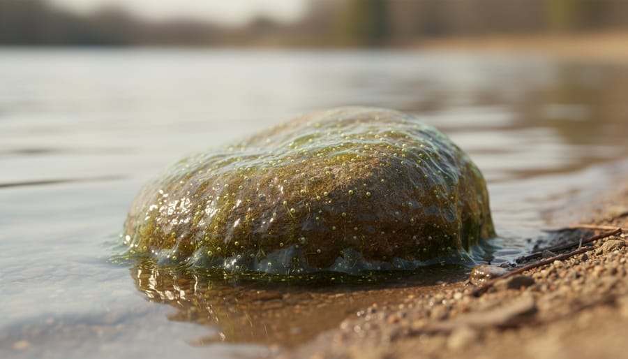 Pond rock at the waterline with a slippery green biofilm layer