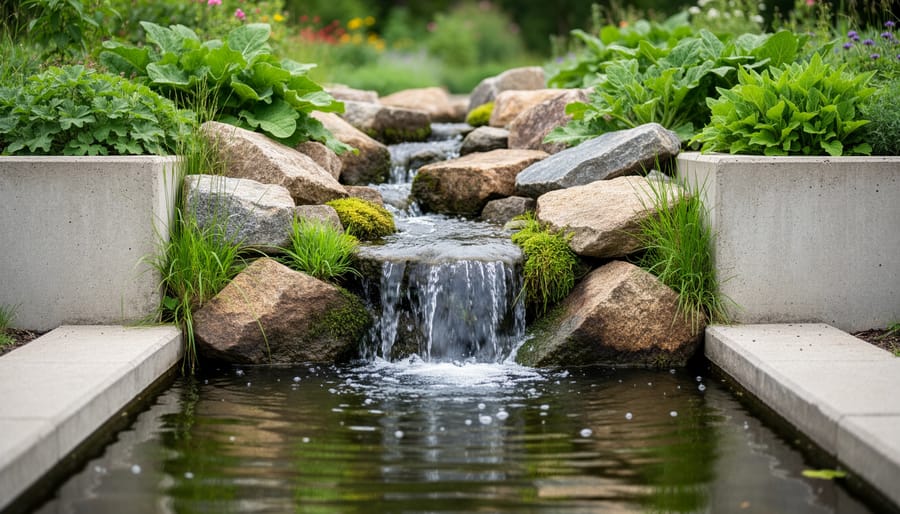 River rocks and boulders placed around a concrete spillway outlet with small plants for natural blending.