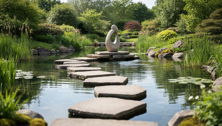 Japanese-inspired pond with stepping stones leading toward a small sculpture and lantern-like focal element near the water’s edge.