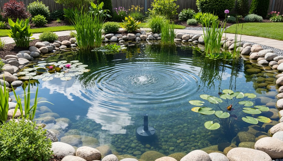 Submersible pond pump partially submerged near waterfall water flow in a garden pond.