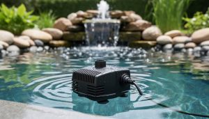 Submersible pond water pump underwater at the bottom of a backyard pond with ripples from a fountain and waterfall in the background.