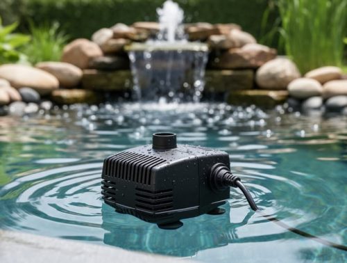 Submersible pond water pump underwater at the bottom of a backyard pond with ripples from a fountain and waterfall in the background.