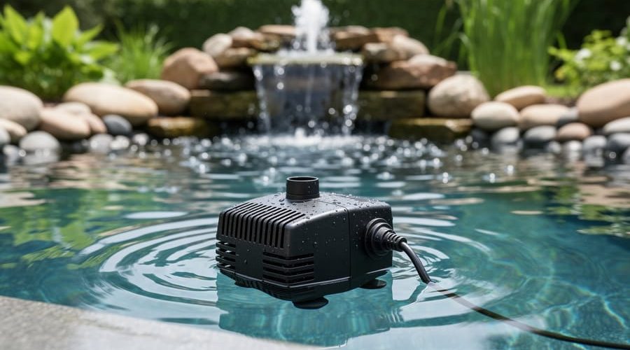 Submersible pond water pump underwater at the bottom of a backyard pond with ripples from a fountain and waterfall in the background.