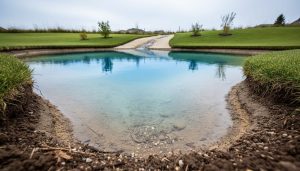 Natural backyard pond with visible soil edges and gentle slope showing how runoff would move across a yard for pond planning.