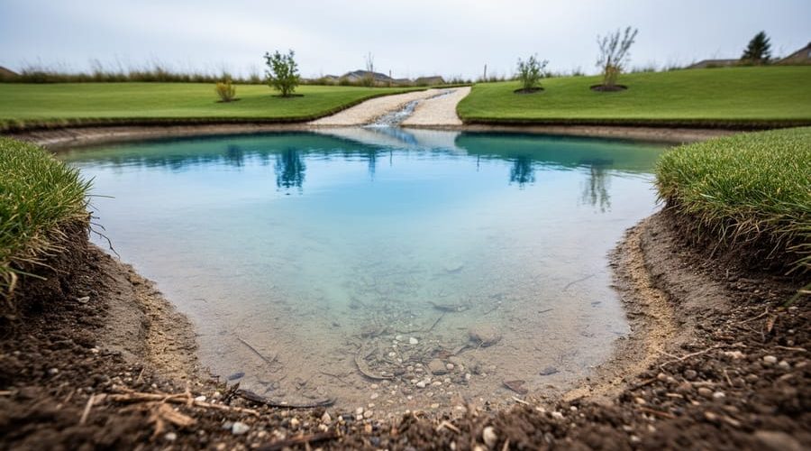 Natural backyard pond with visible soil edges and gentle slope showing how runoff would move across a yard for pond planning.