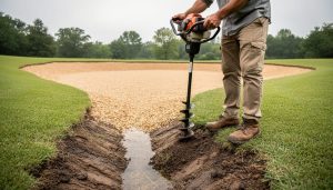 A homeowner inspecting soil and drainage at a backyard pond site with a soil auger near a shallow swale under soft natural daylight.