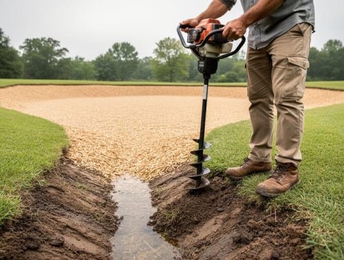 A homeowner inspecting soil and drainage at a backyard pond site with a soil auger near a shallow swale under soft natural daylight.