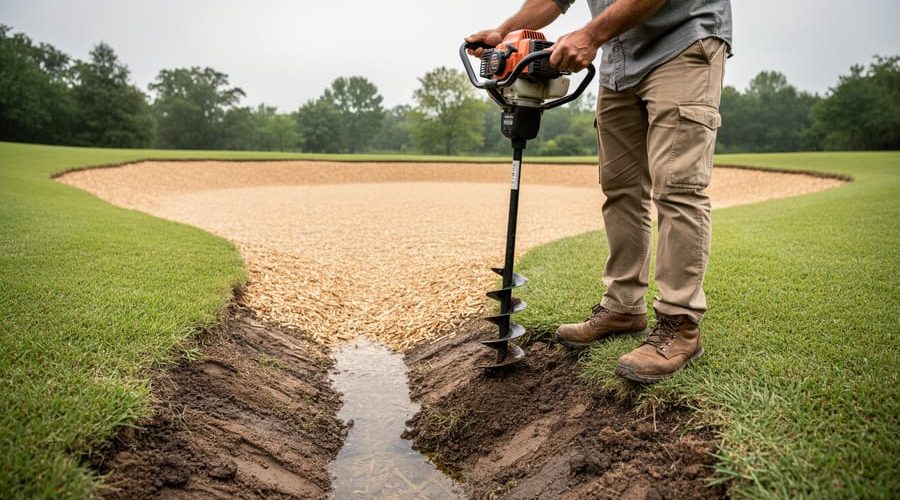 A homeowner inspecting soil and drainage at a backyard pond site with a soil auger near a shallow swale under soft natural daylight.
