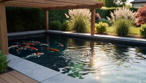 Koi fish gathering near the shaded deeper section of a backyard pond, with sunlit shallows visible in the foreground and natural landscaping in the background.