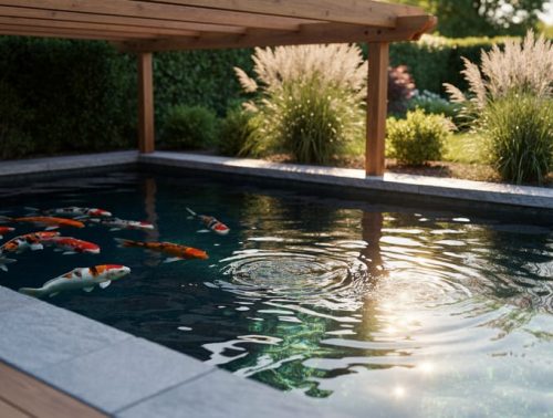 Koi fish gathering near the shaded deeper section of a backyard pond, with sunlit shallows visible in the foreground and natural landscaping in the background.