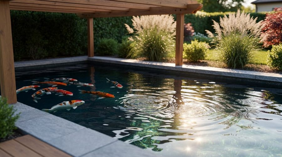 Koi fish gathering near the shaded deeper section of a backyard pond, with sunlit shallows visible in the foreground and natural landscaping in the background.