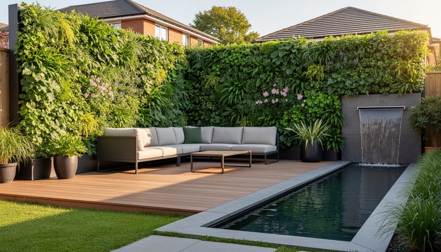 Fern and herb plants growing vertically on a green wall next to a patio