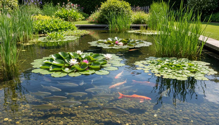 A clear water garden pond showing water lilies and submerged hornwort with fish near the surface