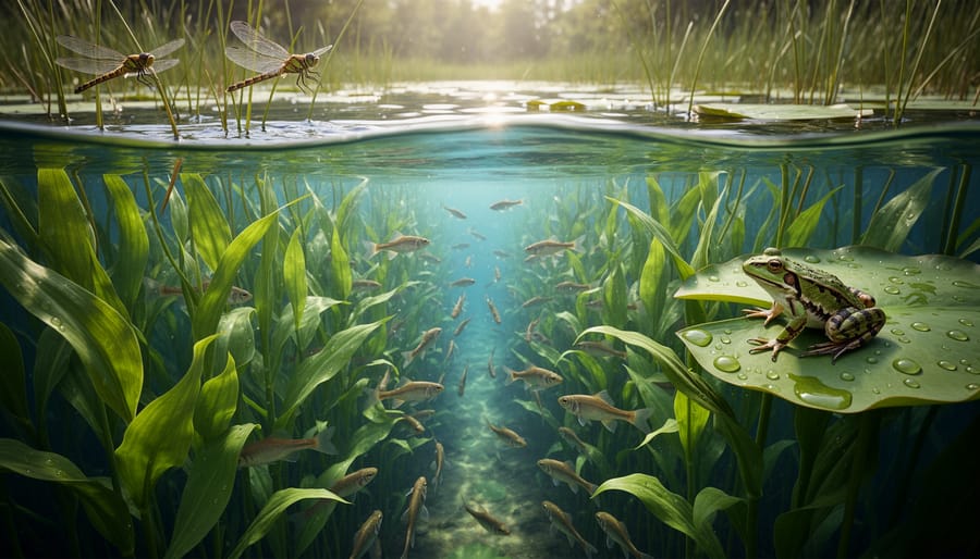 Water lilies and marginal plants along a pond edge with a frog and fish beneath the lily pads