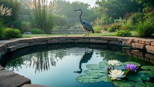 A heron stands beside a backyard pond with water lilies and reflected ripples in the morning light.