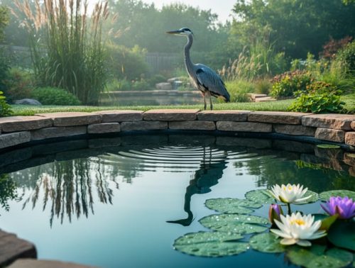 A heron stands beside a backyard pond with water lilies and reflected ripples in the morning light.