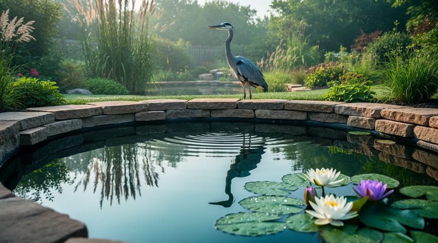 A heron stands beside a backyard pond with water lilies and reflected ripples in the morning light.