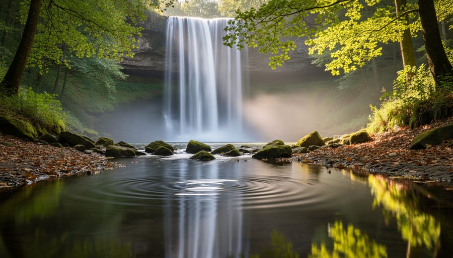 Cascading waterfall spilling into a custom pond with bright mist and lush green plants around the basin.