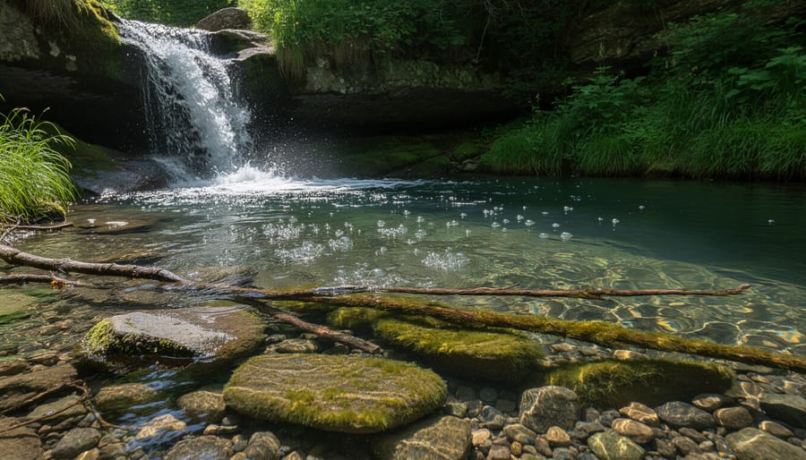 Koi pond with a waterfall edge where water flows over stones